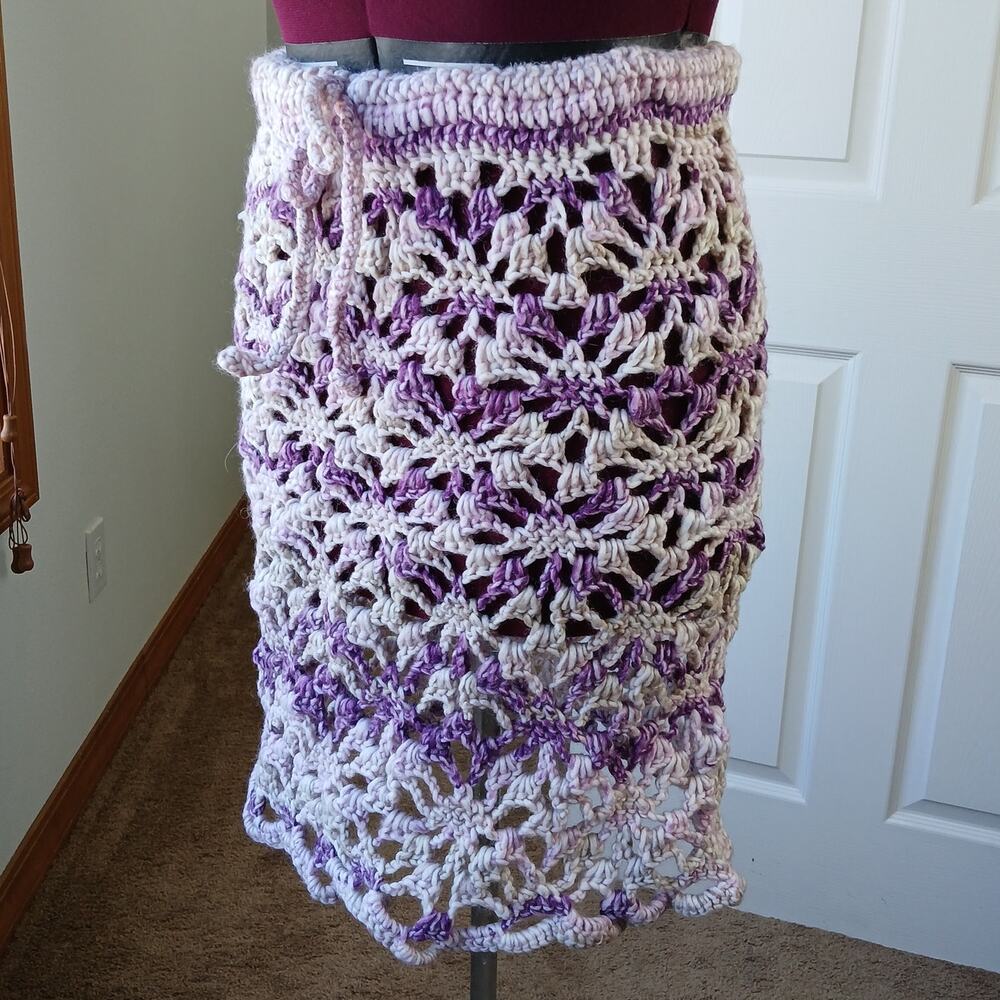 Icy Grape Crochet Skirt OSFM Plus Sized drawstring waist open lacy swim cover - Picture 2 of 7